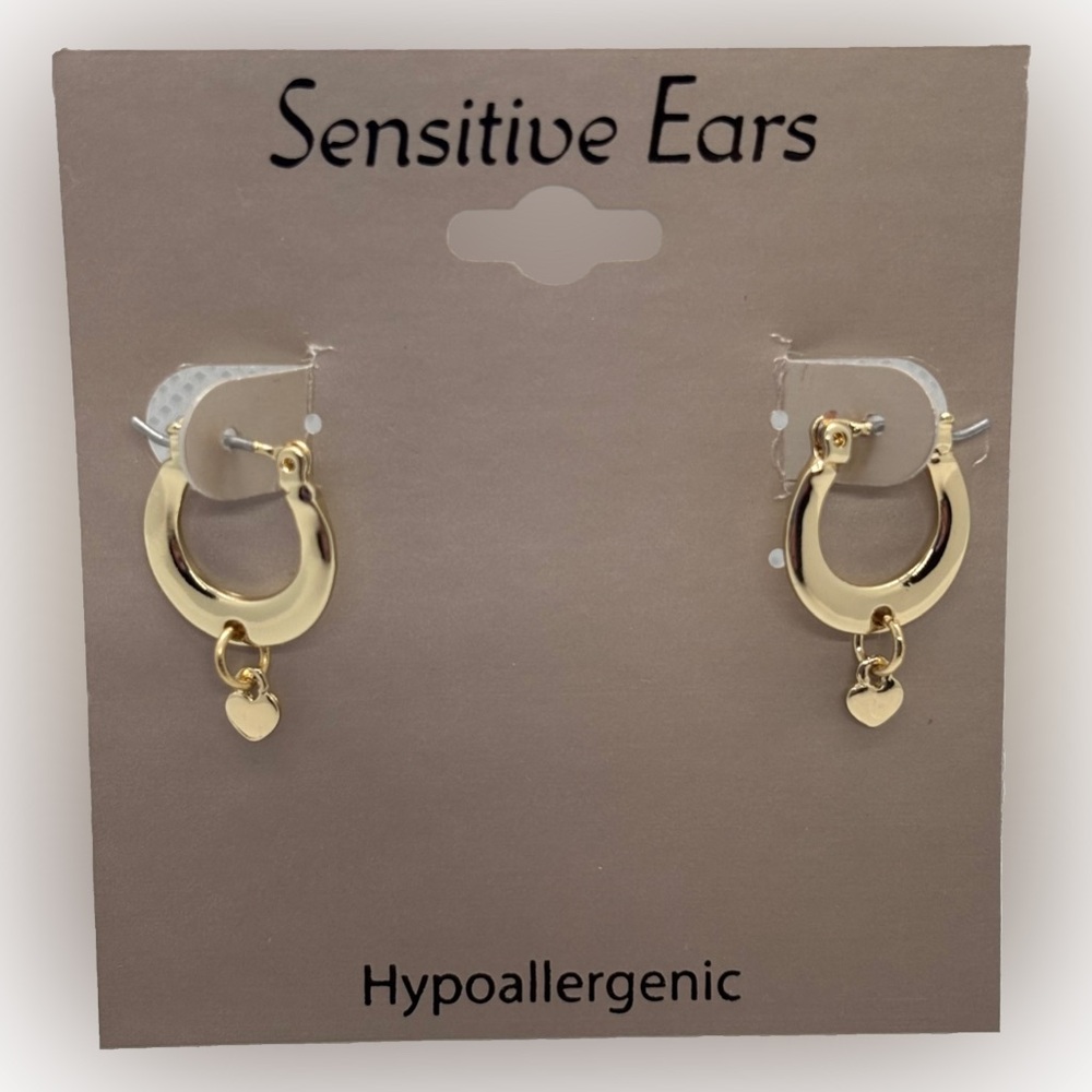 New Sensitive Ears Gold Hoop & Heart Earrings